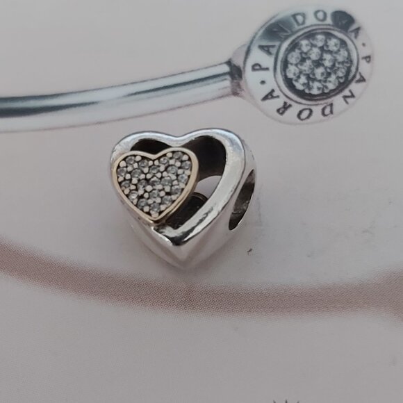 Auth Pandora Retired Sterling Silver &14K Joined Together Heart w/cz's 791806CZ - Picture 1 of 9